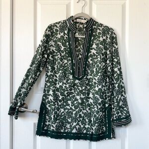 Tory Burch Green Leaf Print Cotton Tunic Top